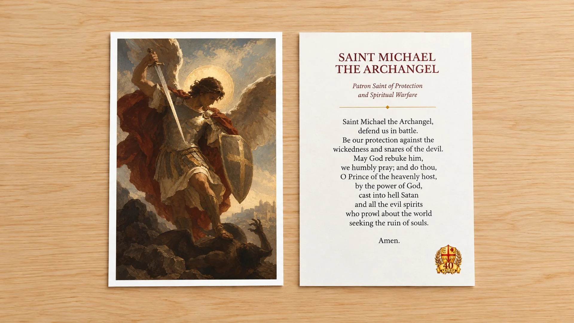 Saint Michael the Archangel devotional prayer card designed by Francisco Anduiza, Jr., showing the front artwork and reverse prayer card design.