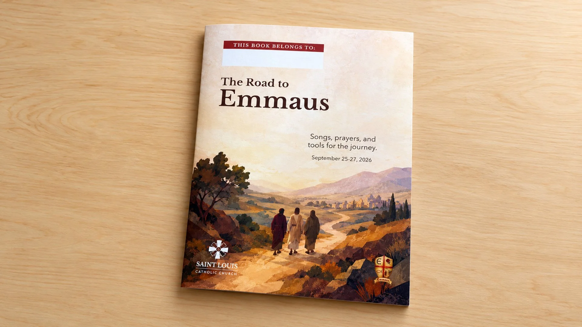 Emmaus Retreat songbook cover designed by Francisco Anduiza, Jr., featuring three travelers walking along a painterly road beneath a warm evening sky.
