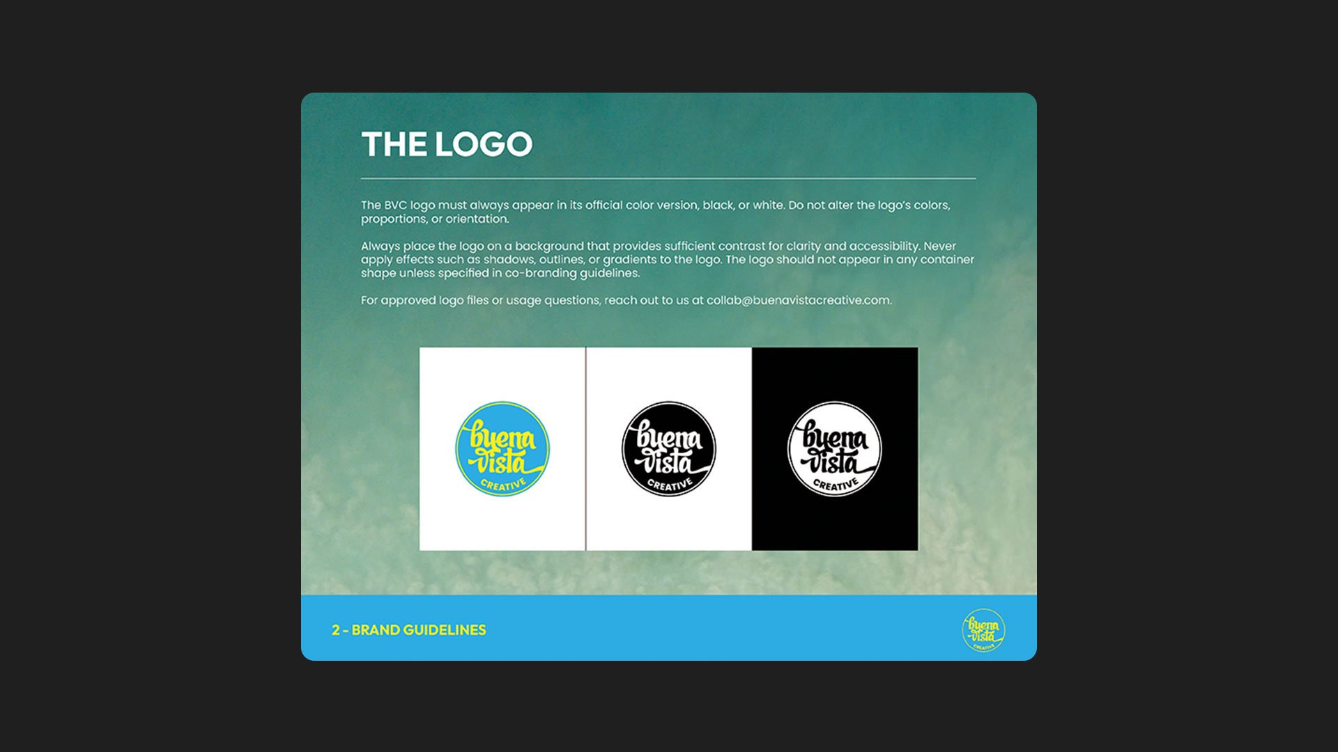 Buena Vista Creative logo system and brand identity standards presentation showing approved logo applications designed by Francisco Anduiza Jr.