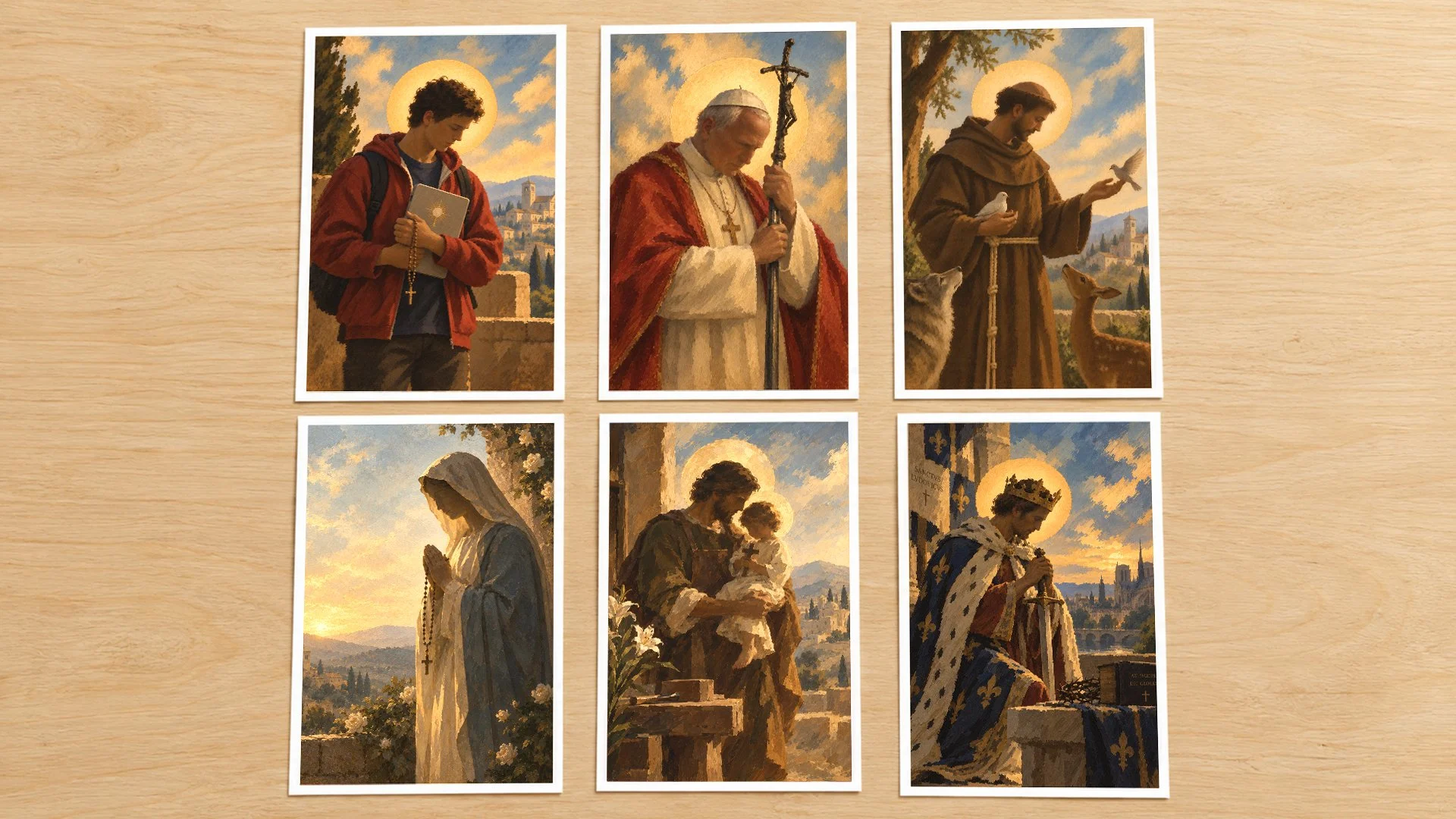 Collection of Emmaus Retreat devotional prayer cards designed by Francisco Anduiza, Jr., featuring illustrated Catholic saints and a cohesive painterly visual system.
