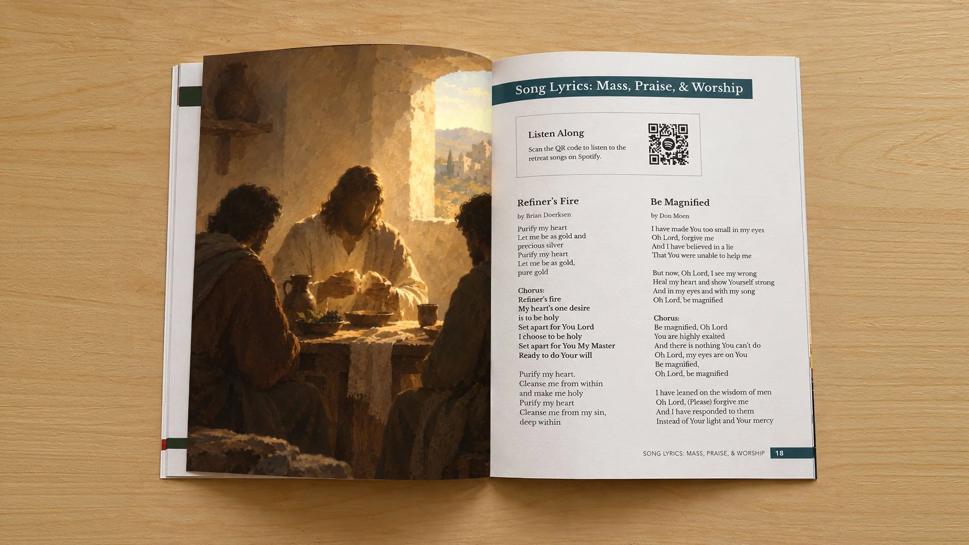 Emmaus Retreat song lyrics spread designed by Francisco Anduiza, Jr., featuring Mass, praise and worship songs with a Spotify QR code for listening.