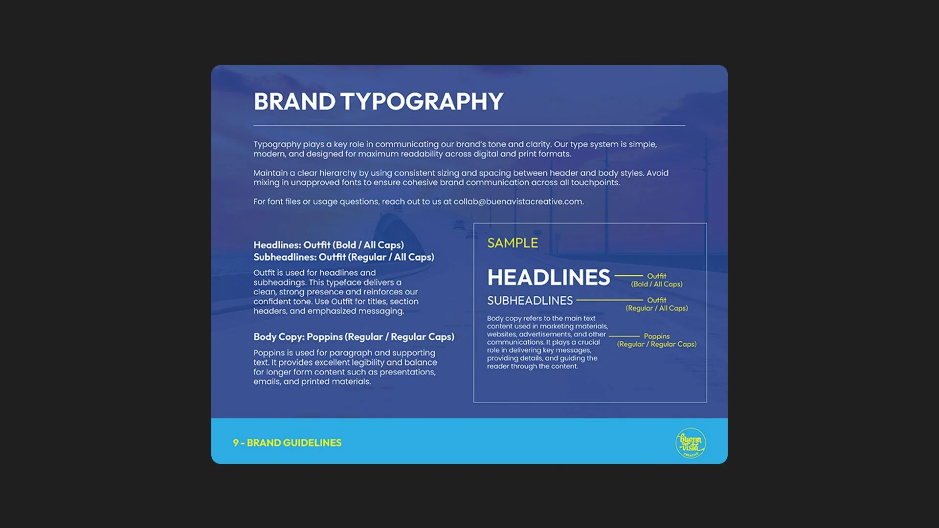 Buena Vista Creative typography system presentation featuring brand hierarchy, type styles, and visual communication standards designed by Francisco Anduiza Jr.