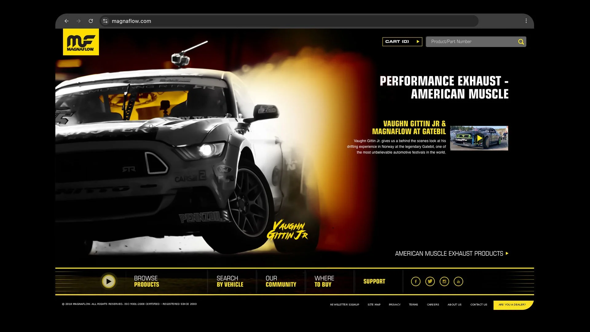 MagnaFlow American muscle performance exhaust website mockup featuring drifting Ford Mustang campaign visuals designed by Francisco Anduiza Jr.