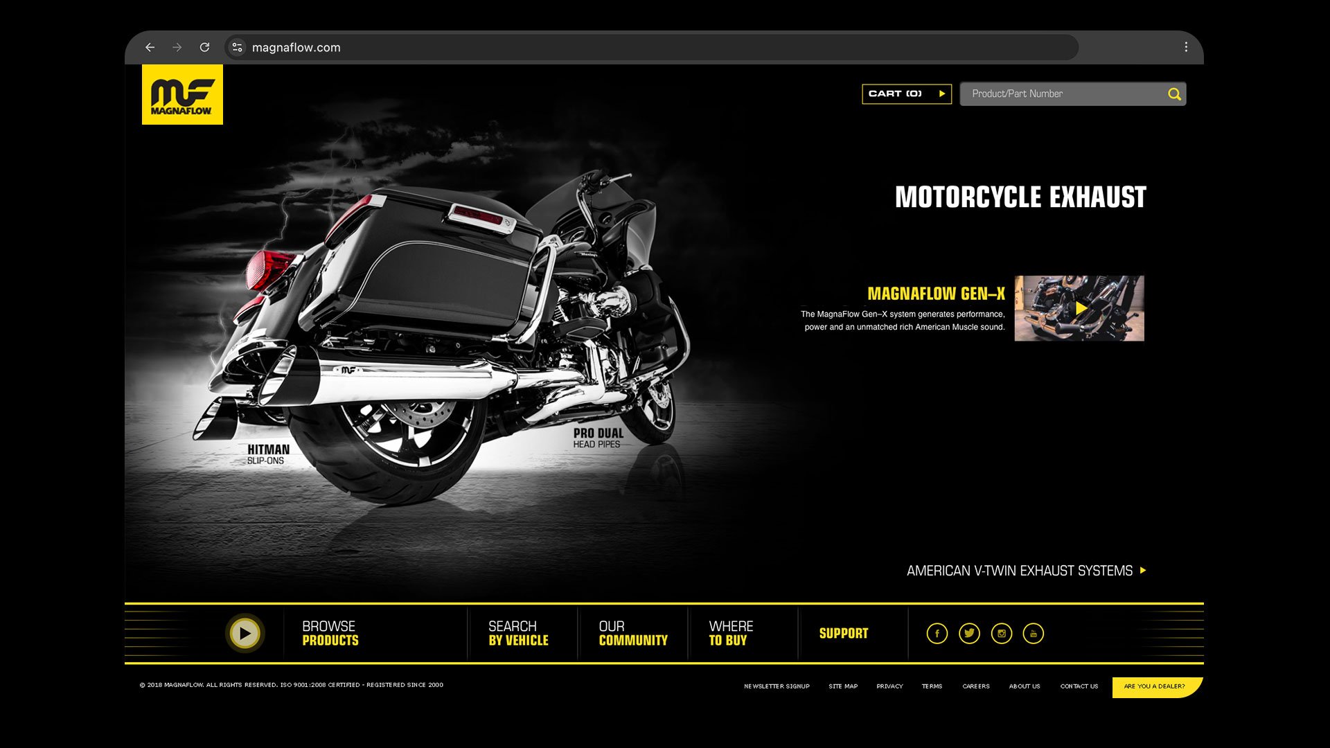 MagnaFlow motorcycle exhaust website mockup featuring Harley touring performance products and digital campaign branding designed by Francisco Anduiza Jr.
