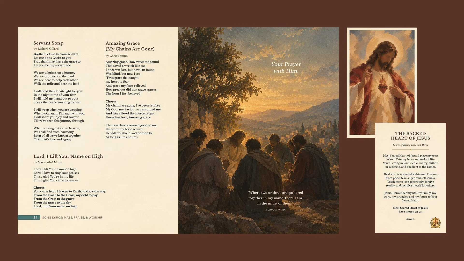 Emmaus Retreat songbook and devotional prayer cards designed by Francisco Anduiza, Jr., presented together as a cohesive printed visual system.