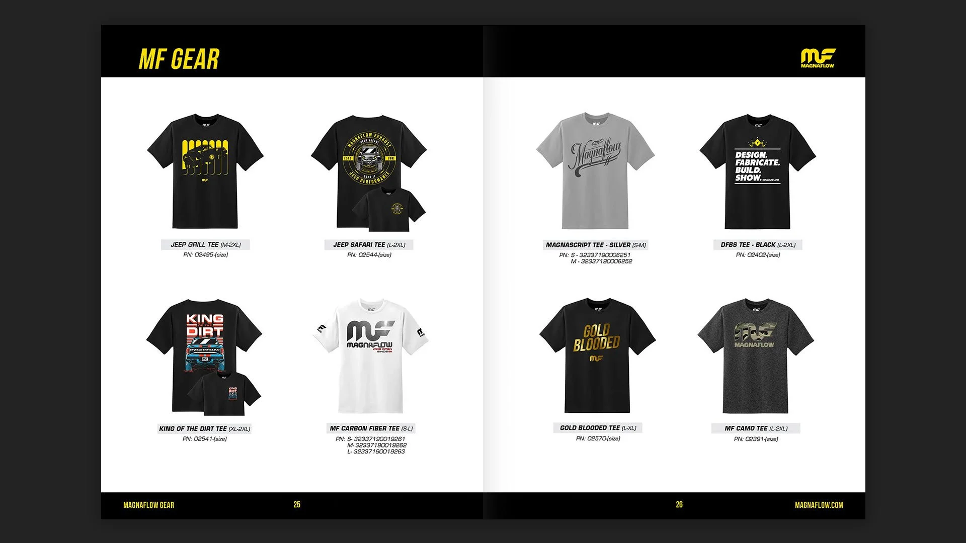 MagnaFlow merchandise catalog layout showcasing branded apparel and product merchandising within a cohesive catalog system.
