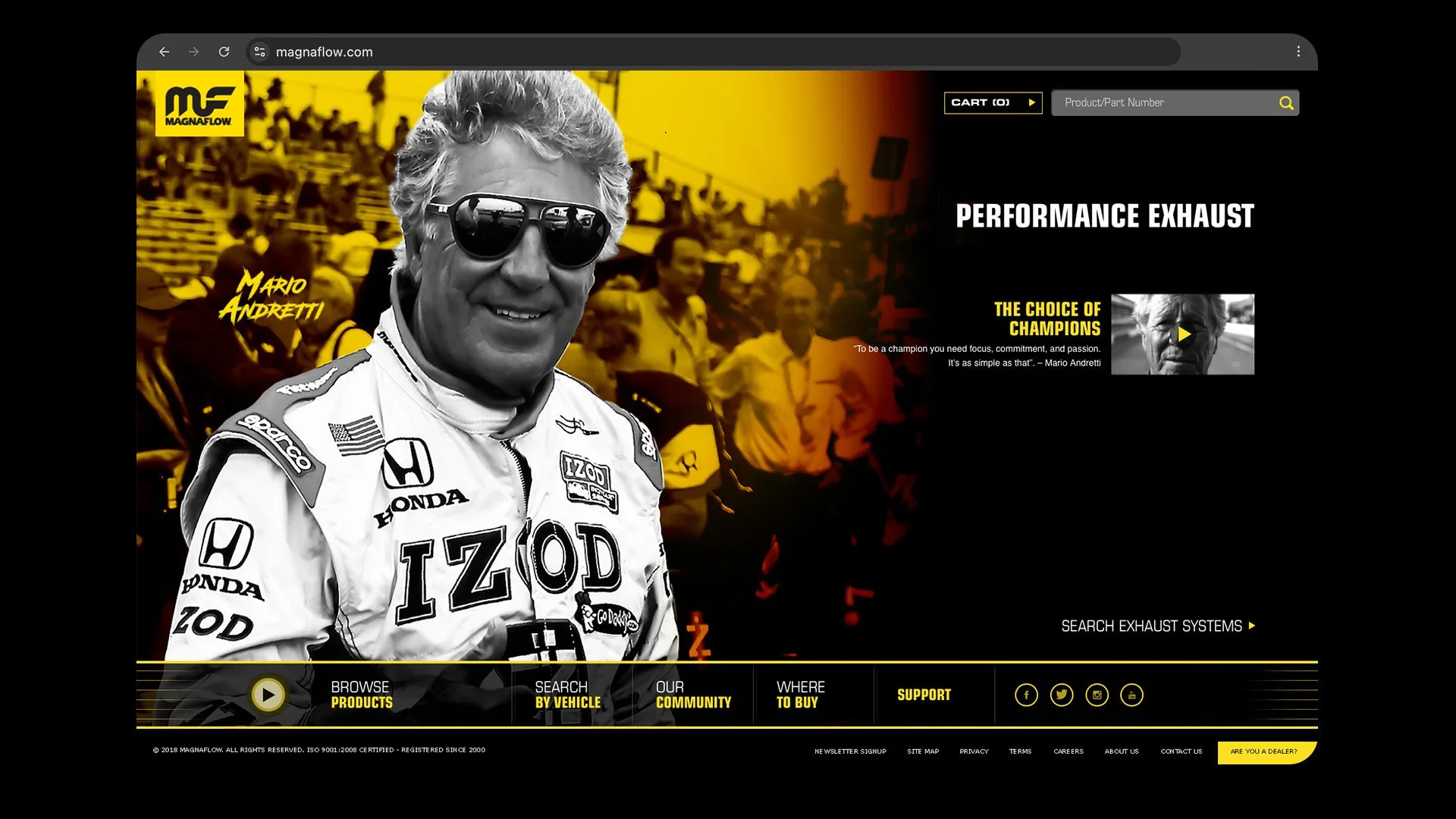 MagnaFlow performance exhaust website homepage mockup featuring Mario Andretti campaign imagery and performance-focused digital branding designed by Francisco Anduiza Jr.
