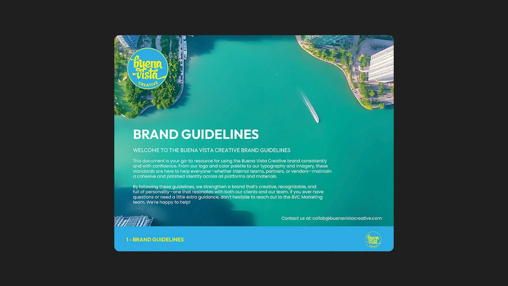 Buena Vista Creative brand guidelines cover featuring Miami aerial imagery, logo system, and visual identity presentation designed by Francisco Anduiza Jr.