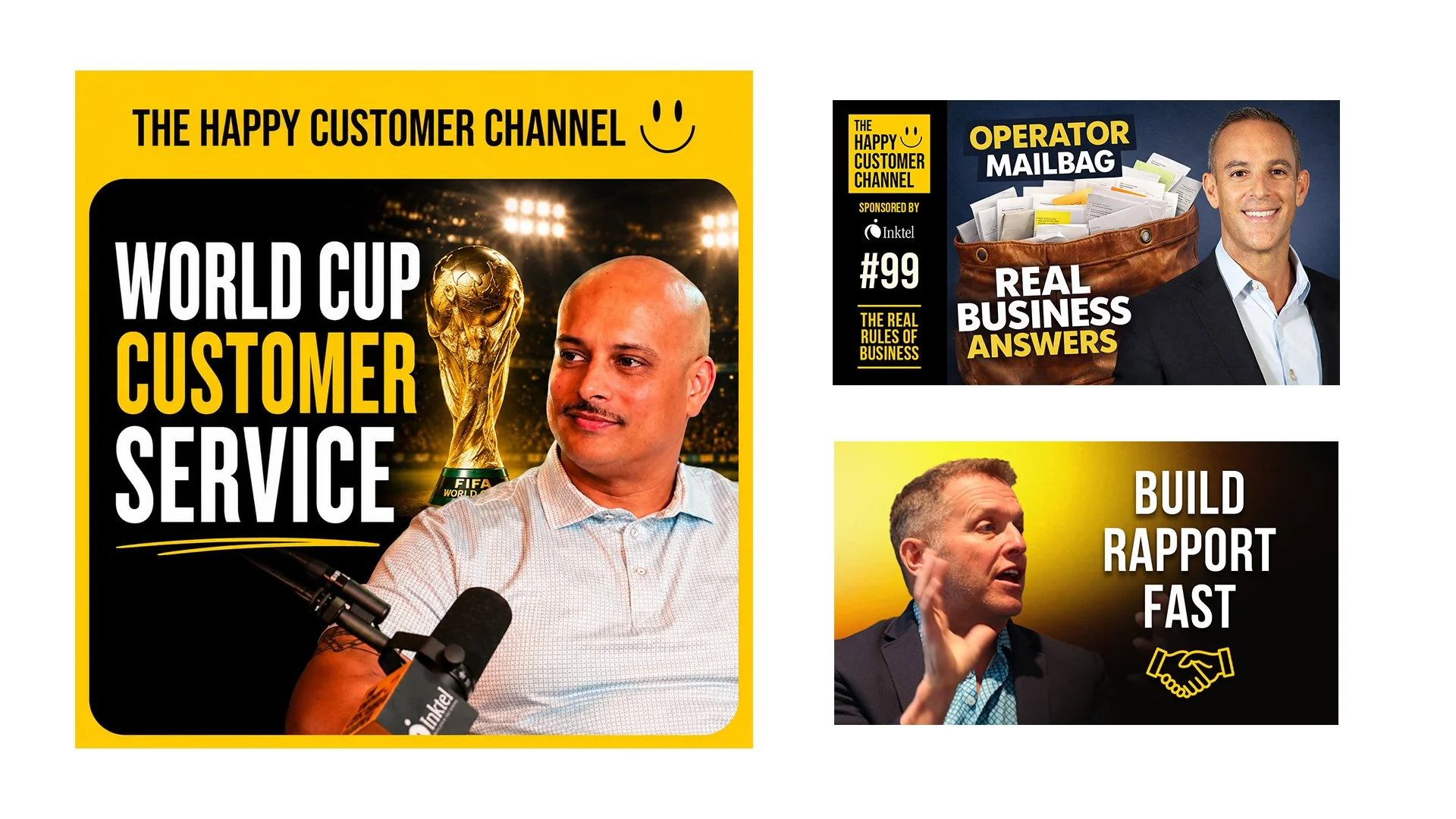 Podcast cover artwork and YouTube thumbnails designed by Francisco Anduiza Jr. for the Happy Customer Channel, featuring branded episode graphics and promotional content.