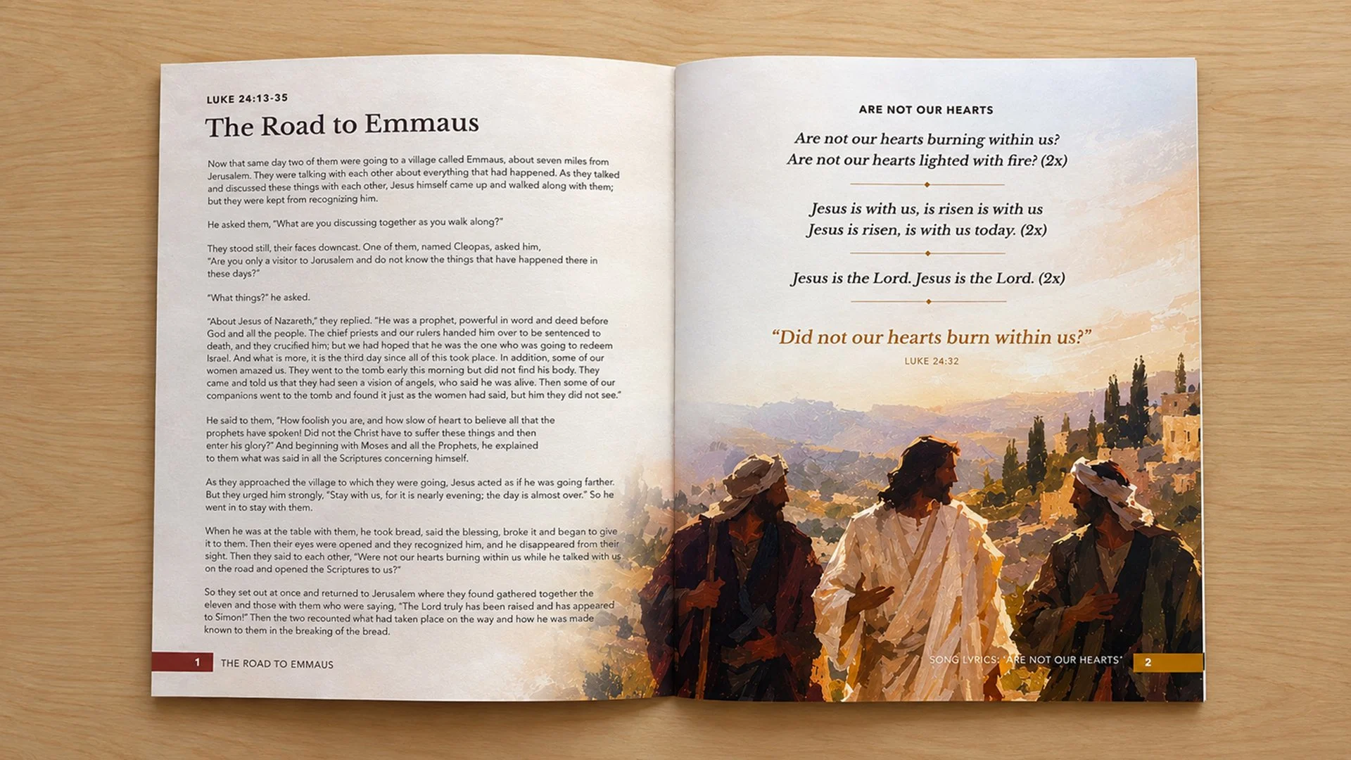 Opening spread of the Emmaus Retreat songbook designed by Francisco Anduiza, Jr., featuring the Road to Emmaus Scripture reading, song lyrics, and painterly travelers.