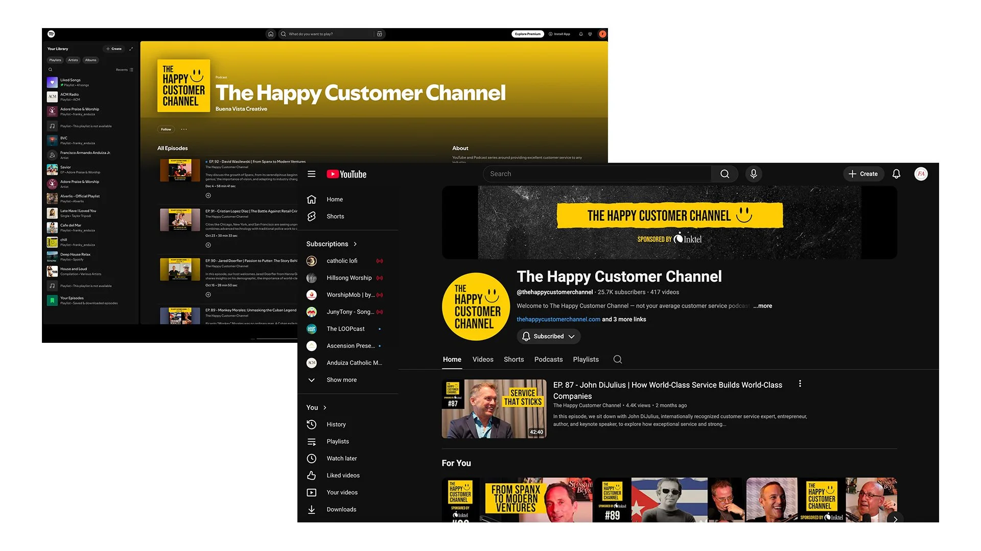 YouTube and Spotify podcast branding for the Happy Customer Channel designed by Francisco Anduiza Jr., showcasing a consistent cross-platform visual identity.