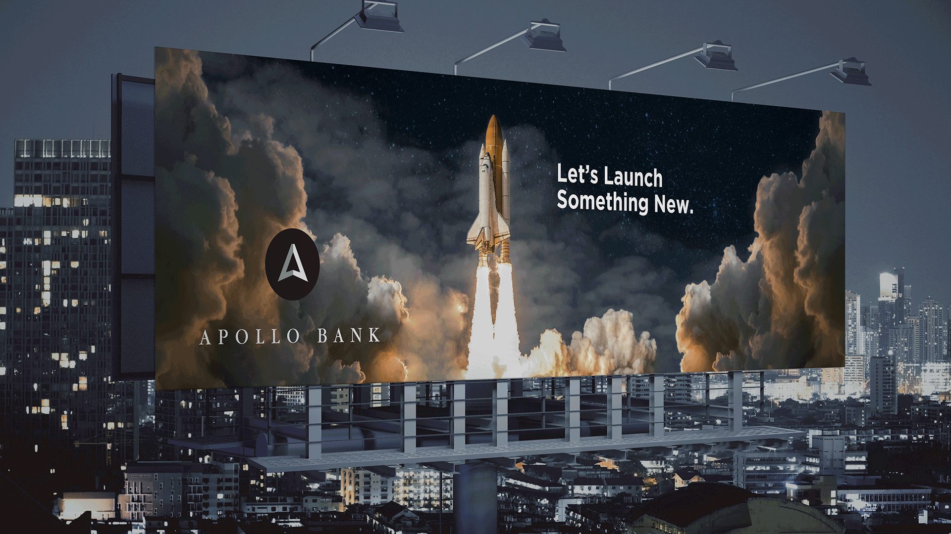 Apollo Bank outdoor billboard campaign designed by Francisco Anduiza Jr featuring launch-themed brand messaging