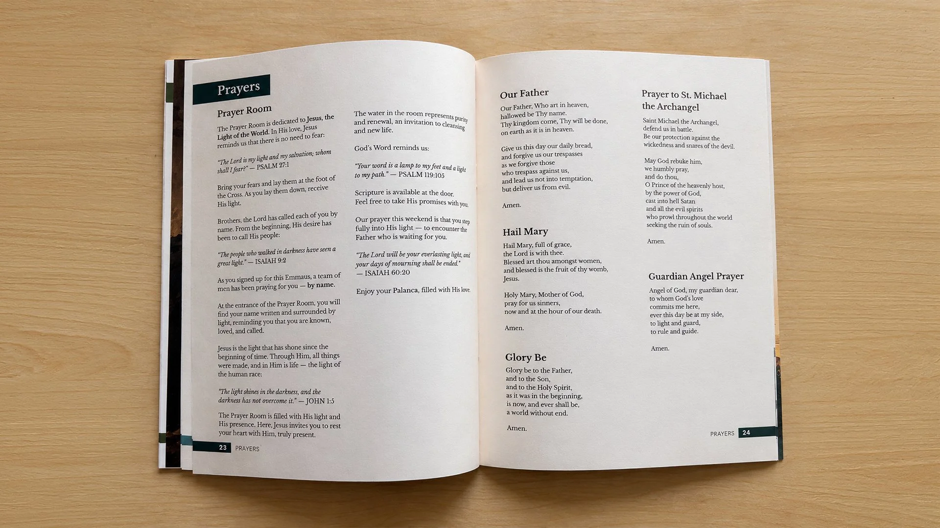 Prayer section of the Emmaus Retreat songbook designed by Francisco Anduiza, Jr., featuring the Prayer Room and a collection of traditional Catholic prayers.