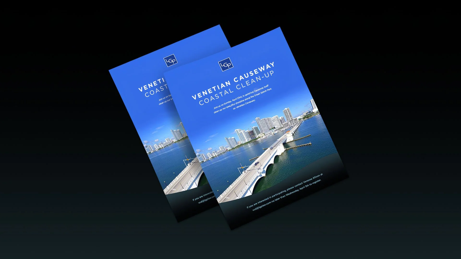 Event communication flyer design for LGP Law, presented as a clean stacked print mockup demonstrating brand system application.