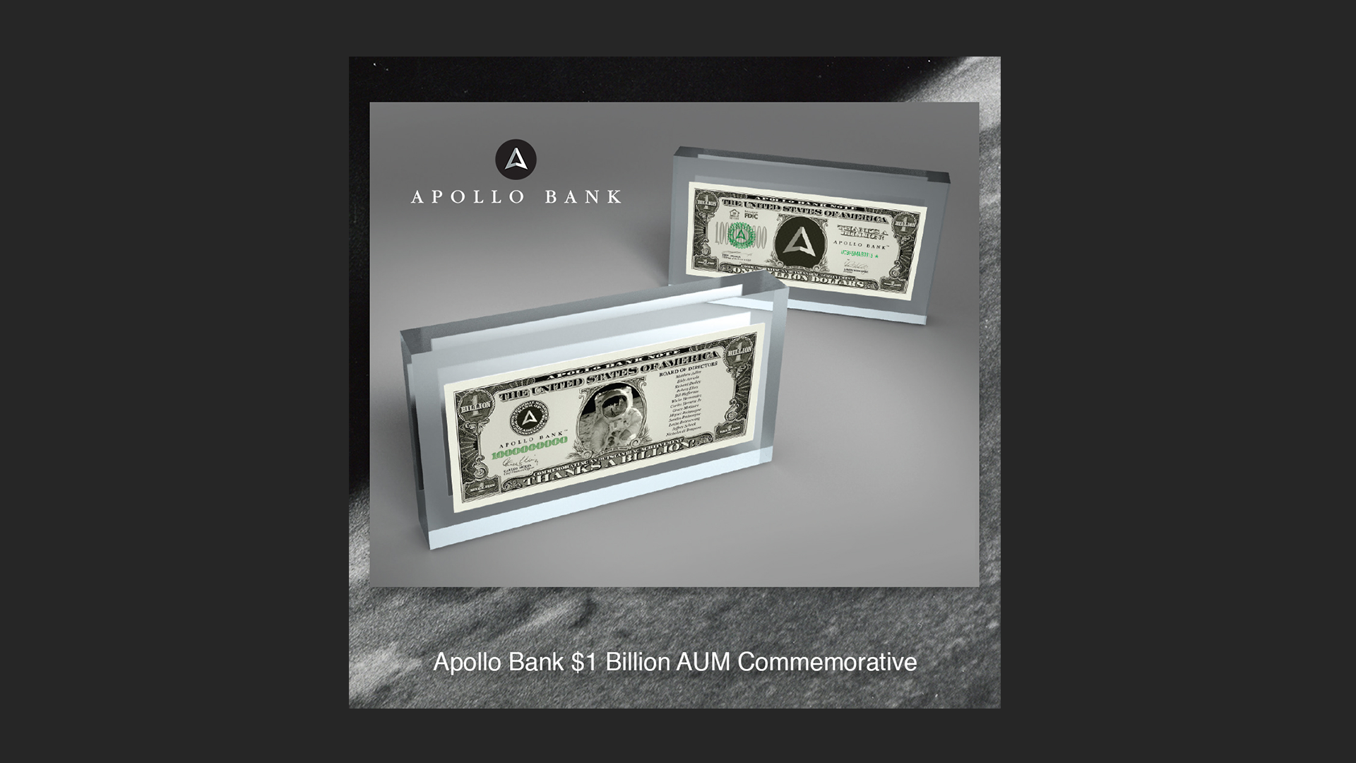 Francisco Anduiza, Jr., Senior Graphic Designer, Apollo Bank $1B AUM milestone award design and commemorative branding