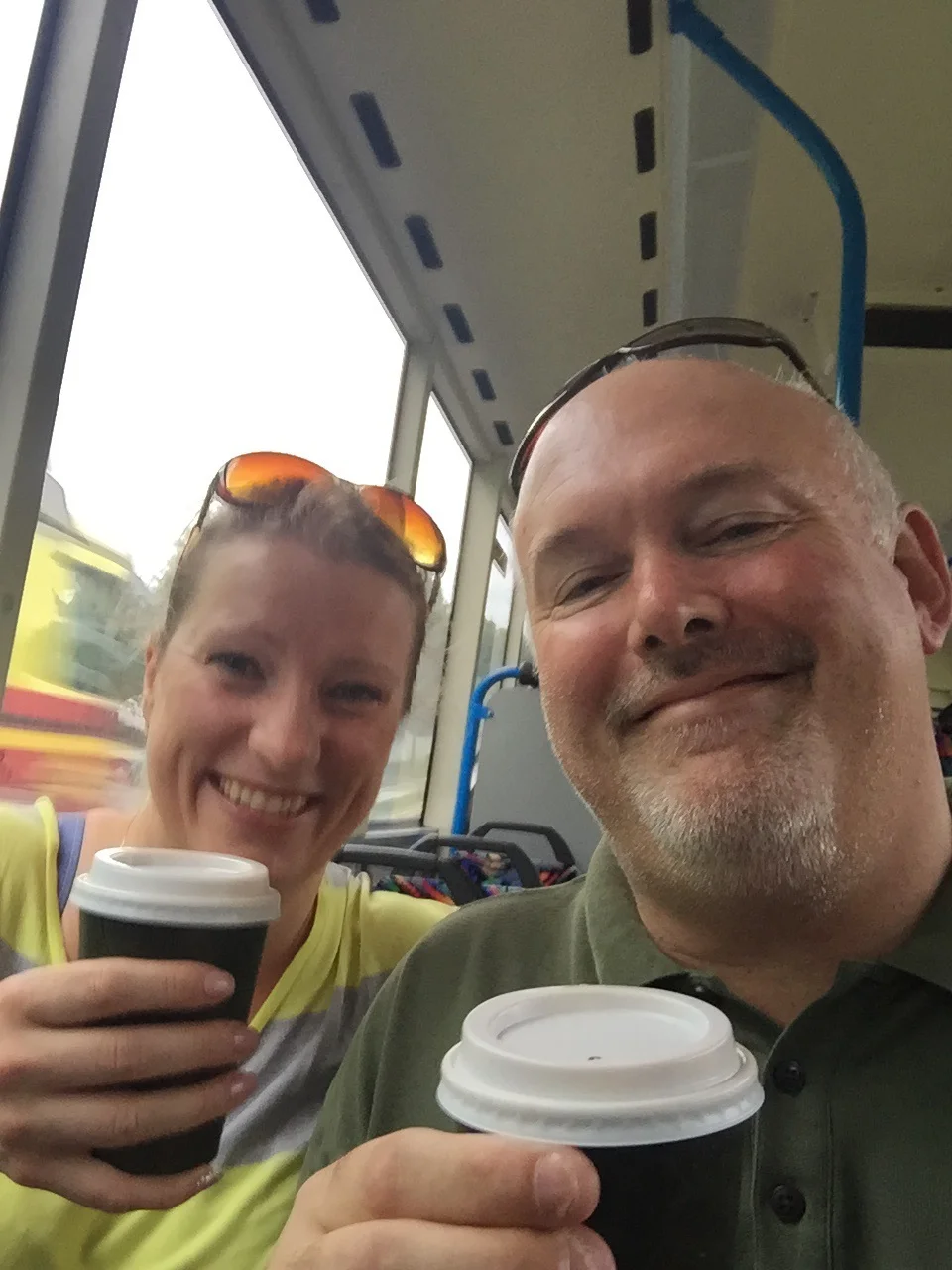 Jo and I Travelling in style in the stretched people carrier. 