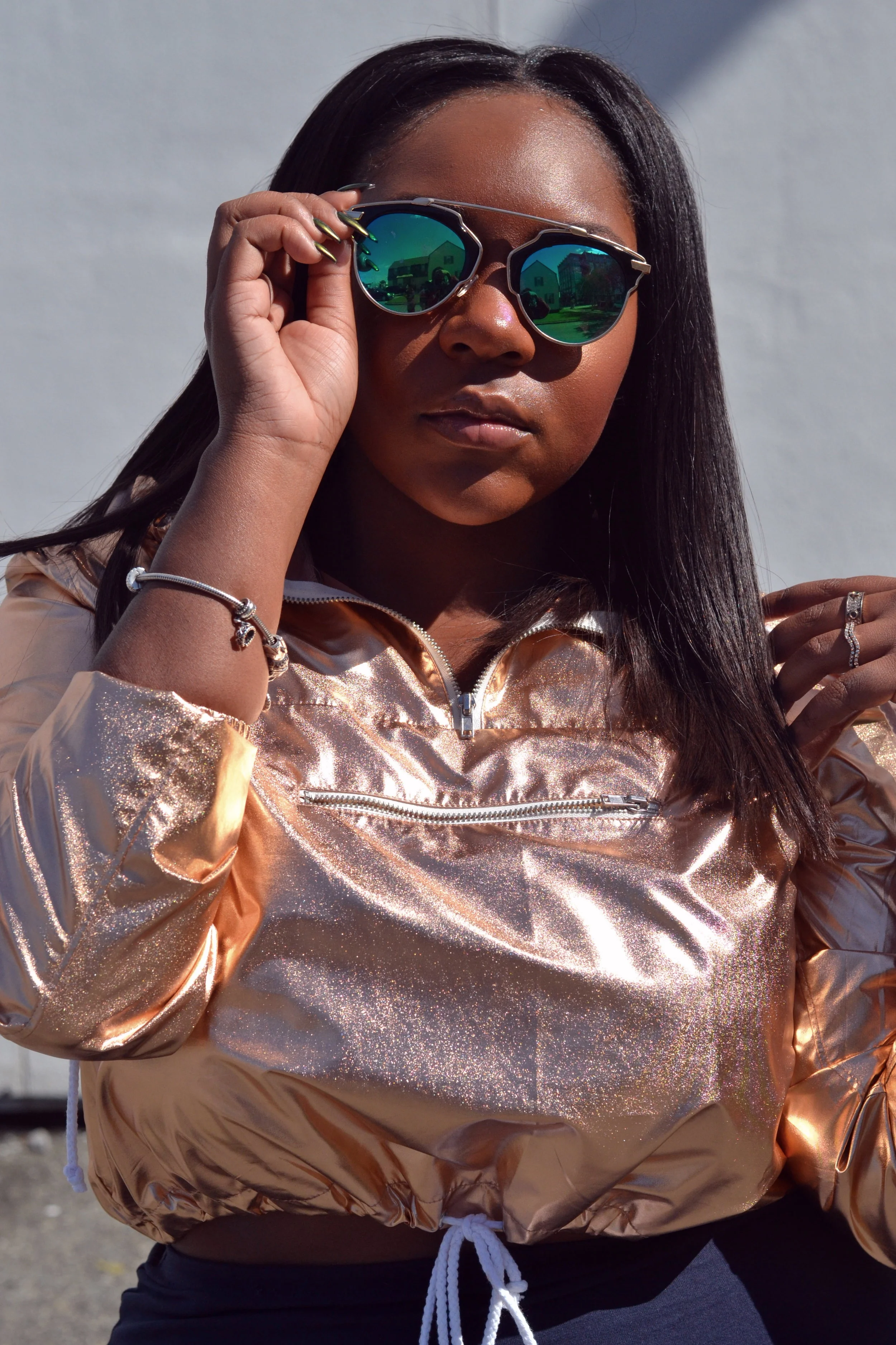 Outfit Details -Metallic Cropped Jacket, H&M ( Similar ) -Blue Pencil Skirt, H&M ( Similar ) -Peep Toe Booties, H&M ( Similar ) - Sunglasses , Sunglass Spot
