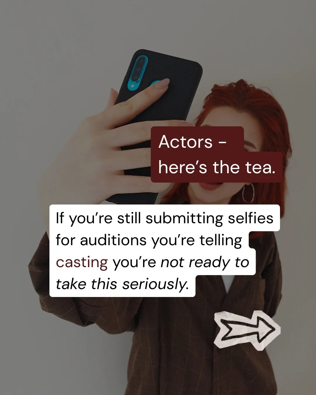 Maybe no-one has told you yet, so I will. ⁠
⁠
If you're submitting selfies, or shots your mate (or mum) snapped for you, for auditions you're telling casting that you are not ready to take this job seriously.⁠
⁠
A well lit, professionally shot headsh