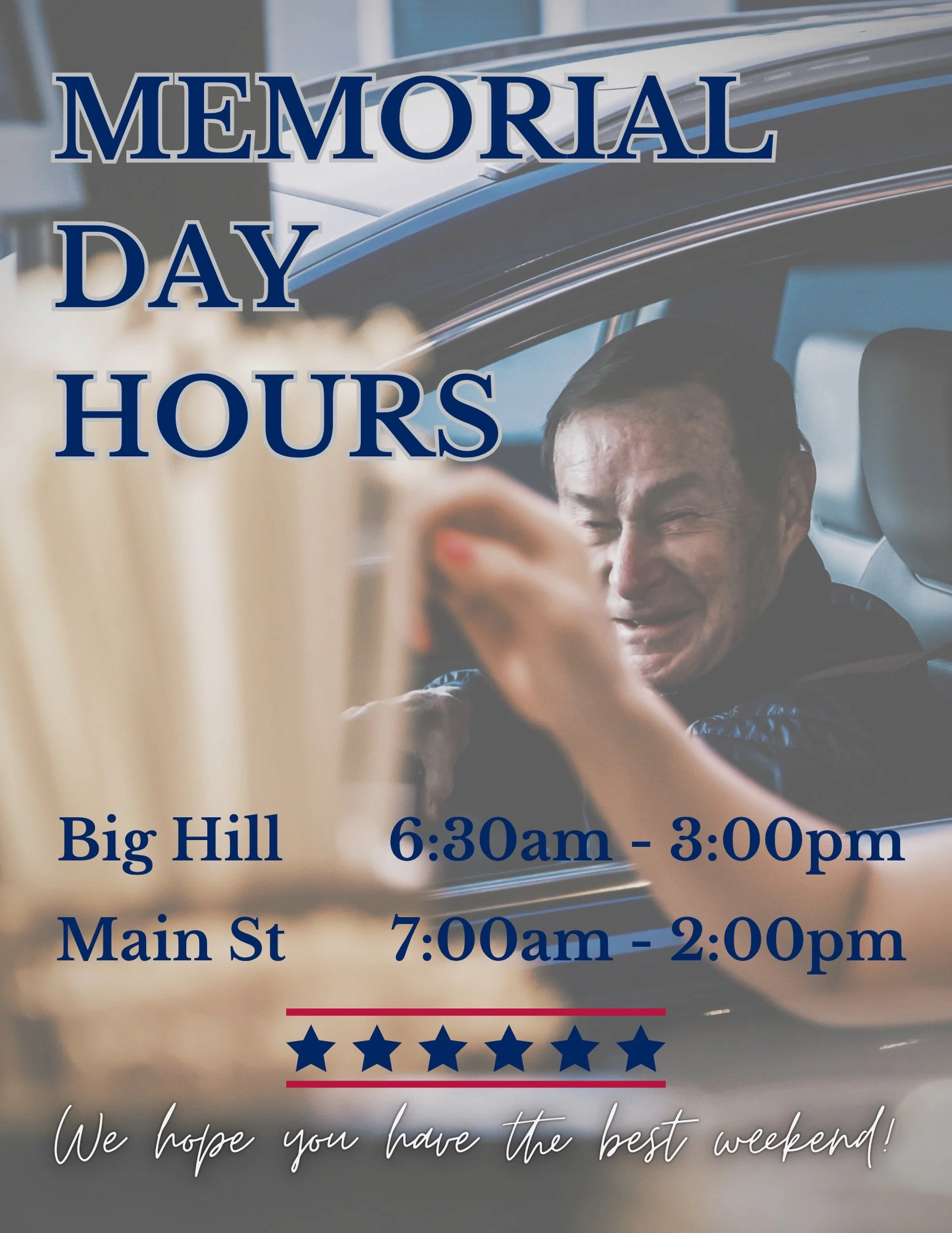 Home of the free, because of the brave🇺🇸🇺🇸🇺🇸
Memorial Day Hours:
Big Hill Ave: 6:30am - 3pm
Main Street: 7:00am - 2pm