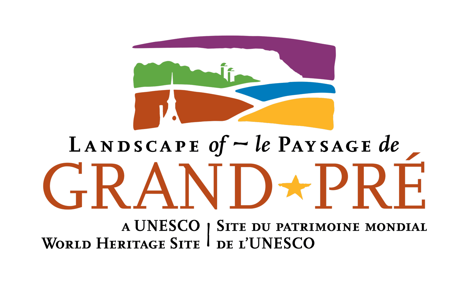 A unique challenge: to create an efficient bilingual word mark. A star replaces the hyphen used only in French, while also symbolizing the significant Acadian heritage of Grand Pré. The logo pays homage to Glooscap and the high bluffs of Blomidon, the 17th century Acadian dyke system, current day farming practice, and the Acadian memorial.