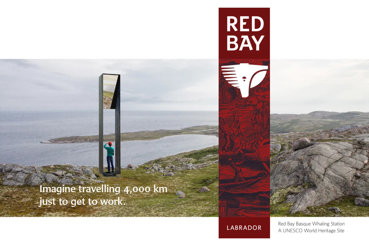 In Red Bay, the brand and the built environment are inextricably linked. In this system, a single metaphor (the “portal”) and a unifying set of proportions guides the form of everything, including the Red Bay logo, the shape of the monument, and the form of all signs in the system.