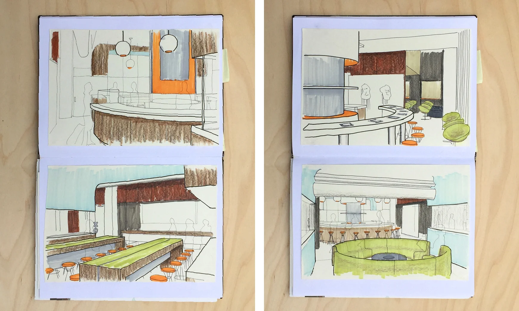 For concepts, hand-drawing still tells enough about the space, without getting hung-up in details of material, lighting, etc.