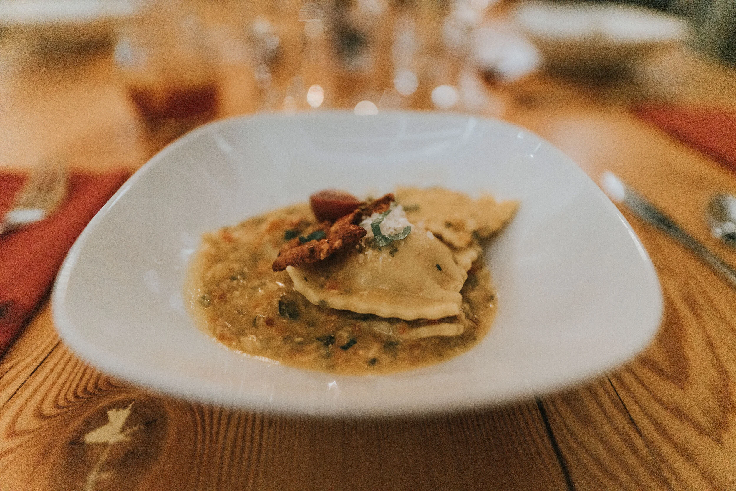 Pesto alla trapanese, chicken &amp; cured pork ravioli