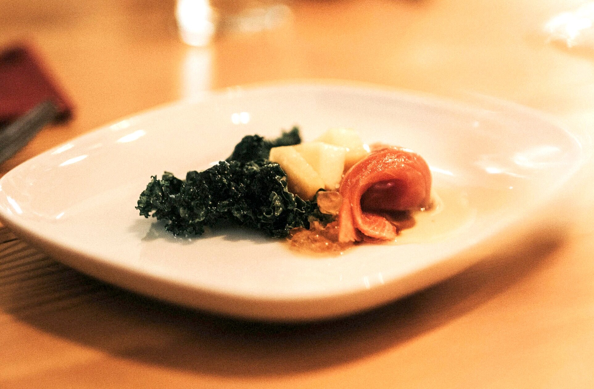 Sockeye salmon sashimi, peach, fried kale, ponzu