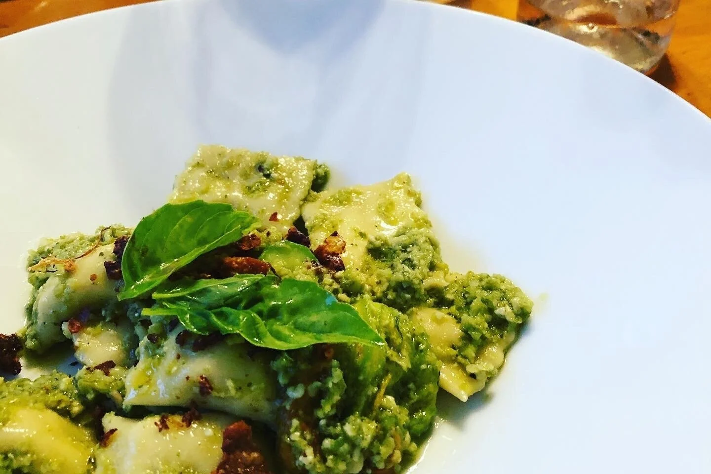 Chicken Agnolotti, Garlic Scape Pesto, Crispy Chicken Skin