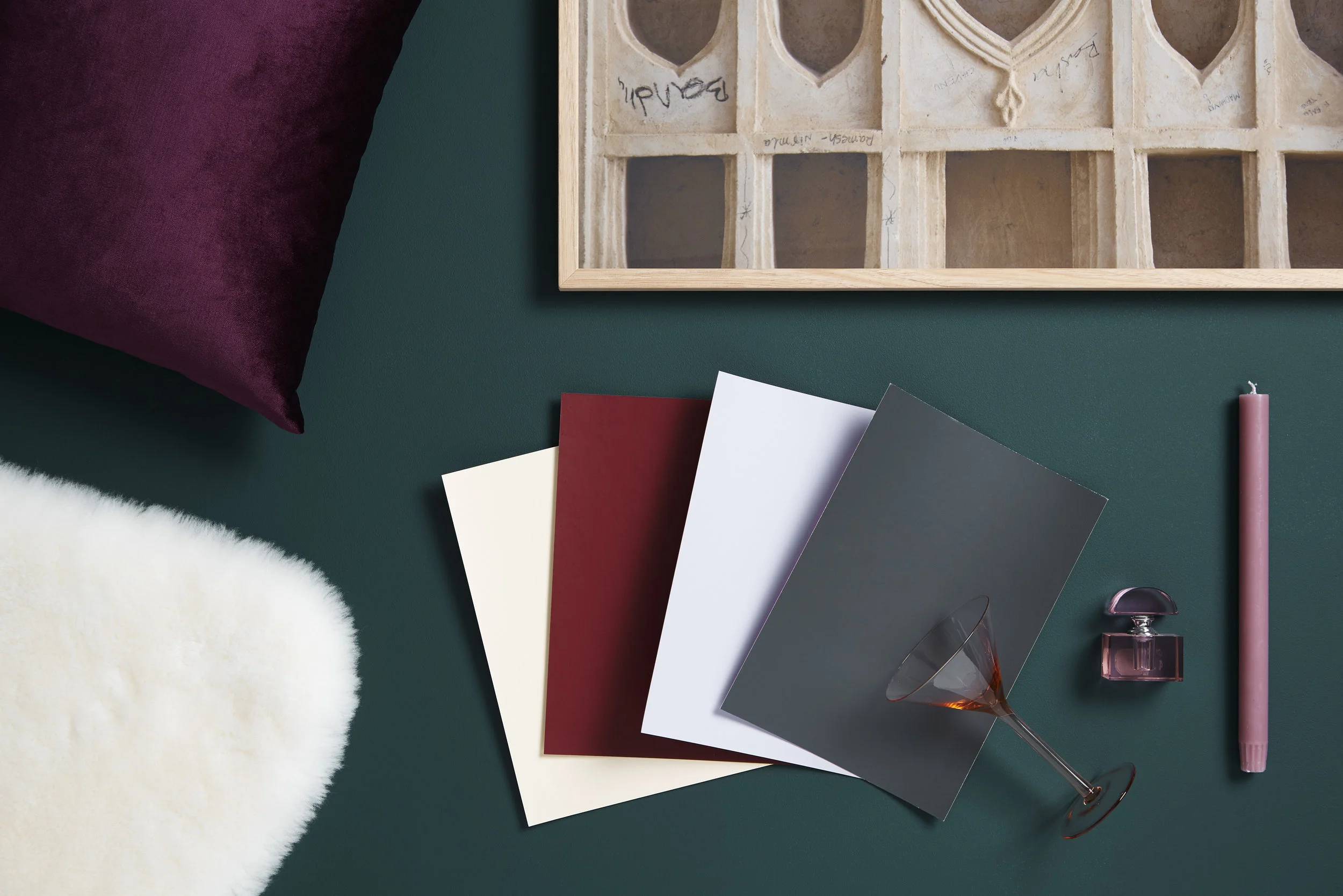 Kate Alexander,flatlay,green,Resene Nocturnal+Palm Green+Lonestar+Marionette+Popcorn,photo Bryce Carleton.jpg