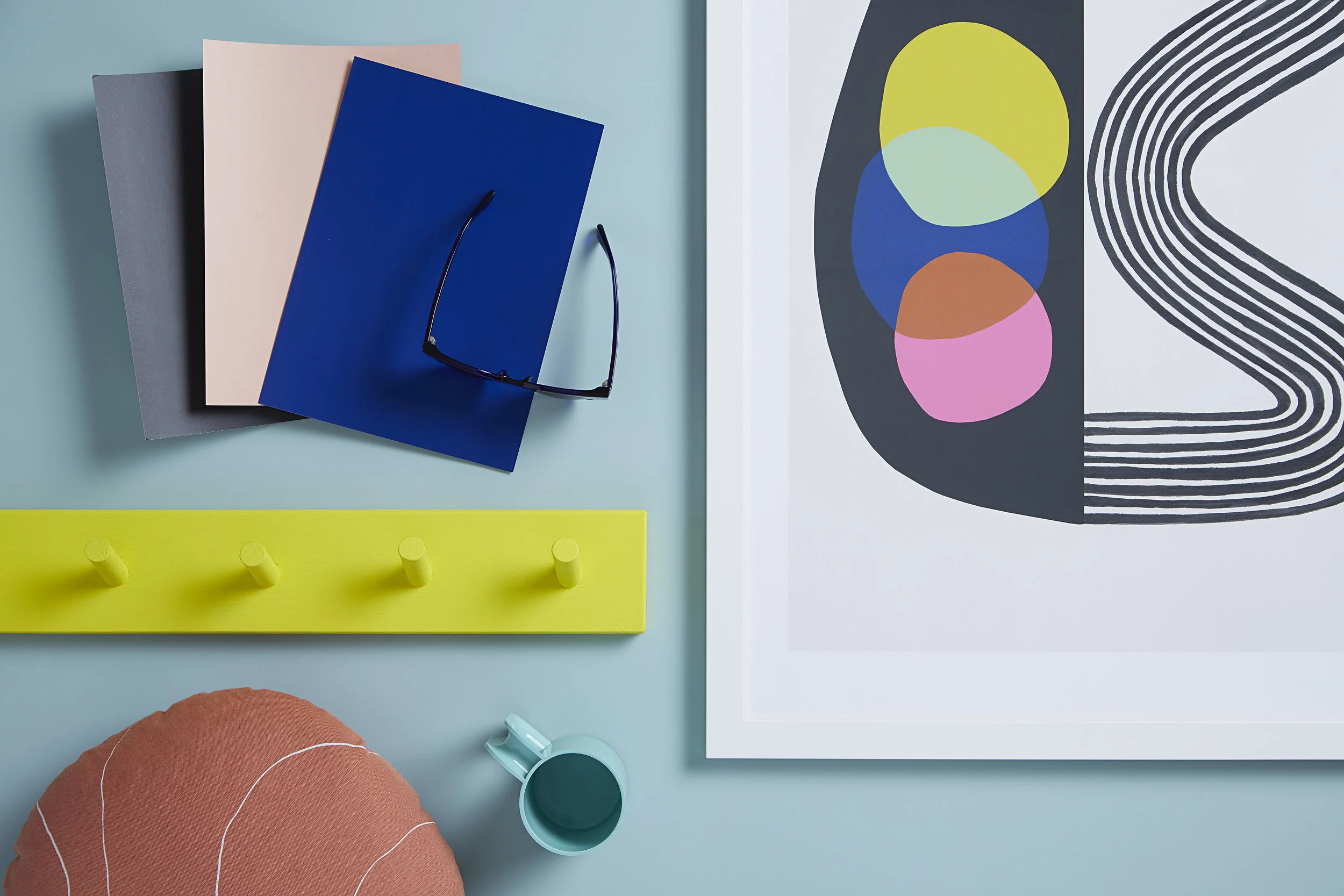 Kate Alexander,flatlay,summer,aqua,Resene Nocturnal+Ashanti+Sakura+Space Cadet+Gorse,photo Bryce Carleton.jpg