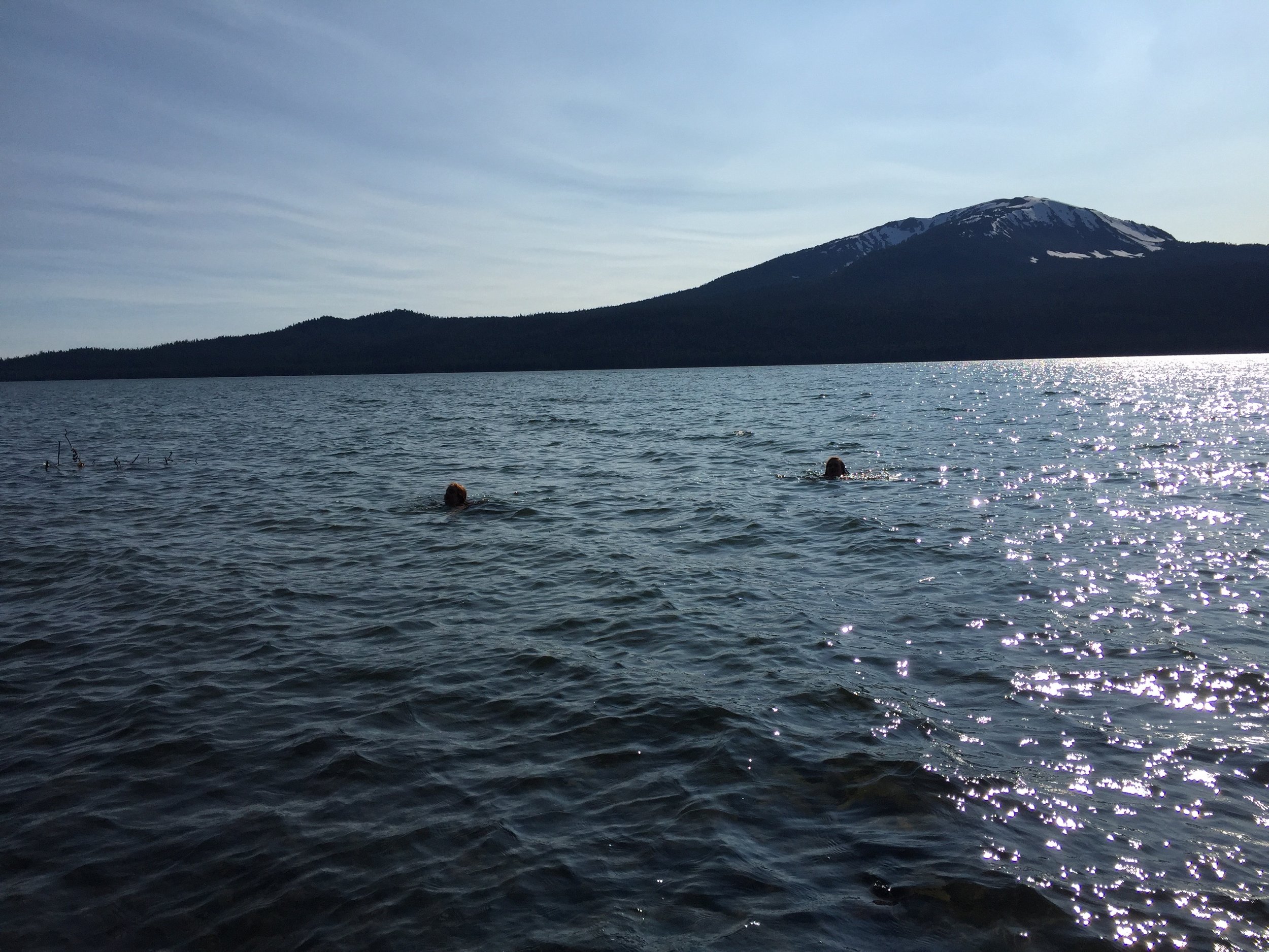 Swimming in the lake ringed by snowy peaks