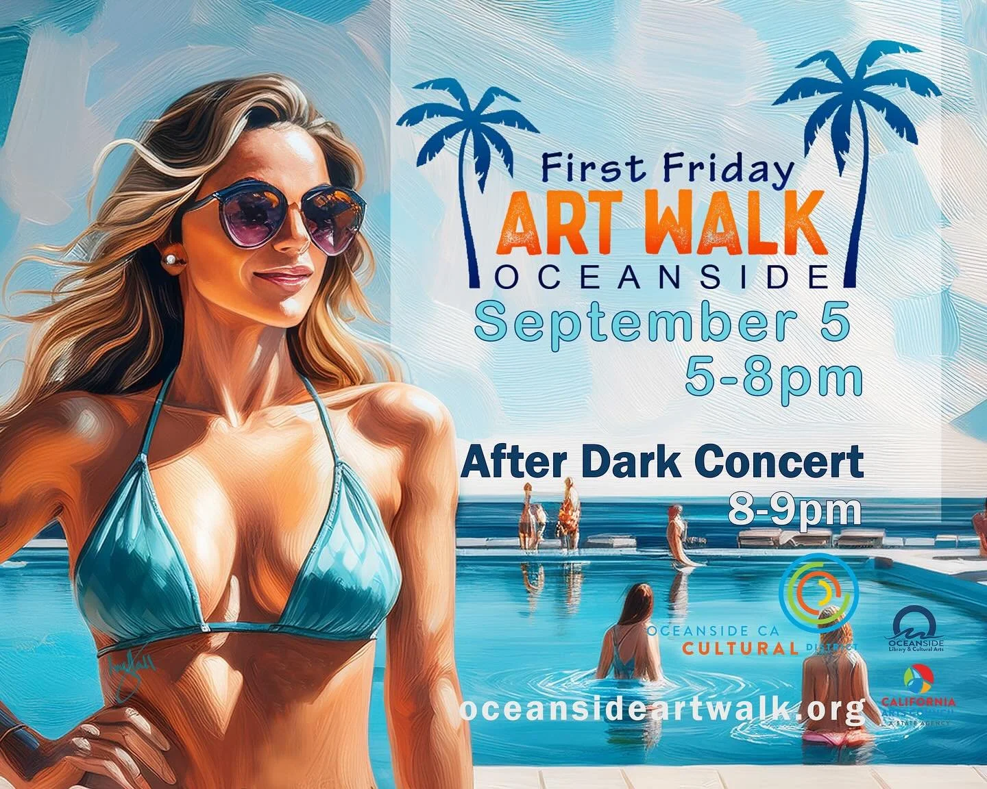 This Friday is Oceanside Art Walk! 5 to 8pm and  After Art Concert Series 8-9pm. At the Civic Plaza and Artist Alley. Be cool and be there! 😎
