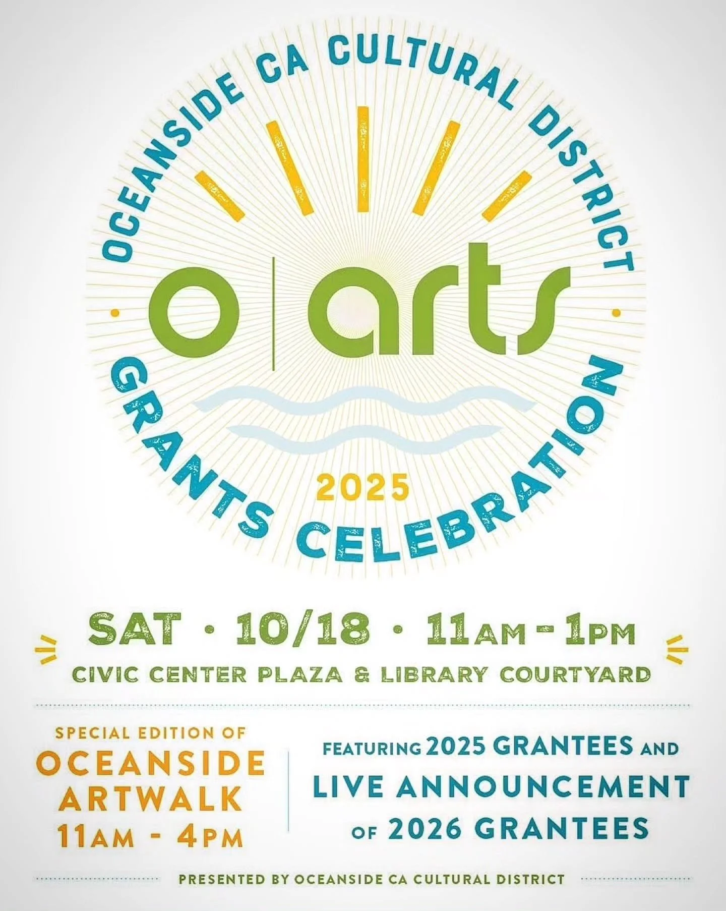 ✨ Oceanside comes alive this Saturday! ✨

🎊 Join us for the O&rsquo;Arts Grants Celebration + Special Edition Art Walk on Saturday, October 18th from 11am &ndash; 4pm in the Civic Center Plaza. Downtown Oceanside! 🦋

⭐️ Experience a day filled with