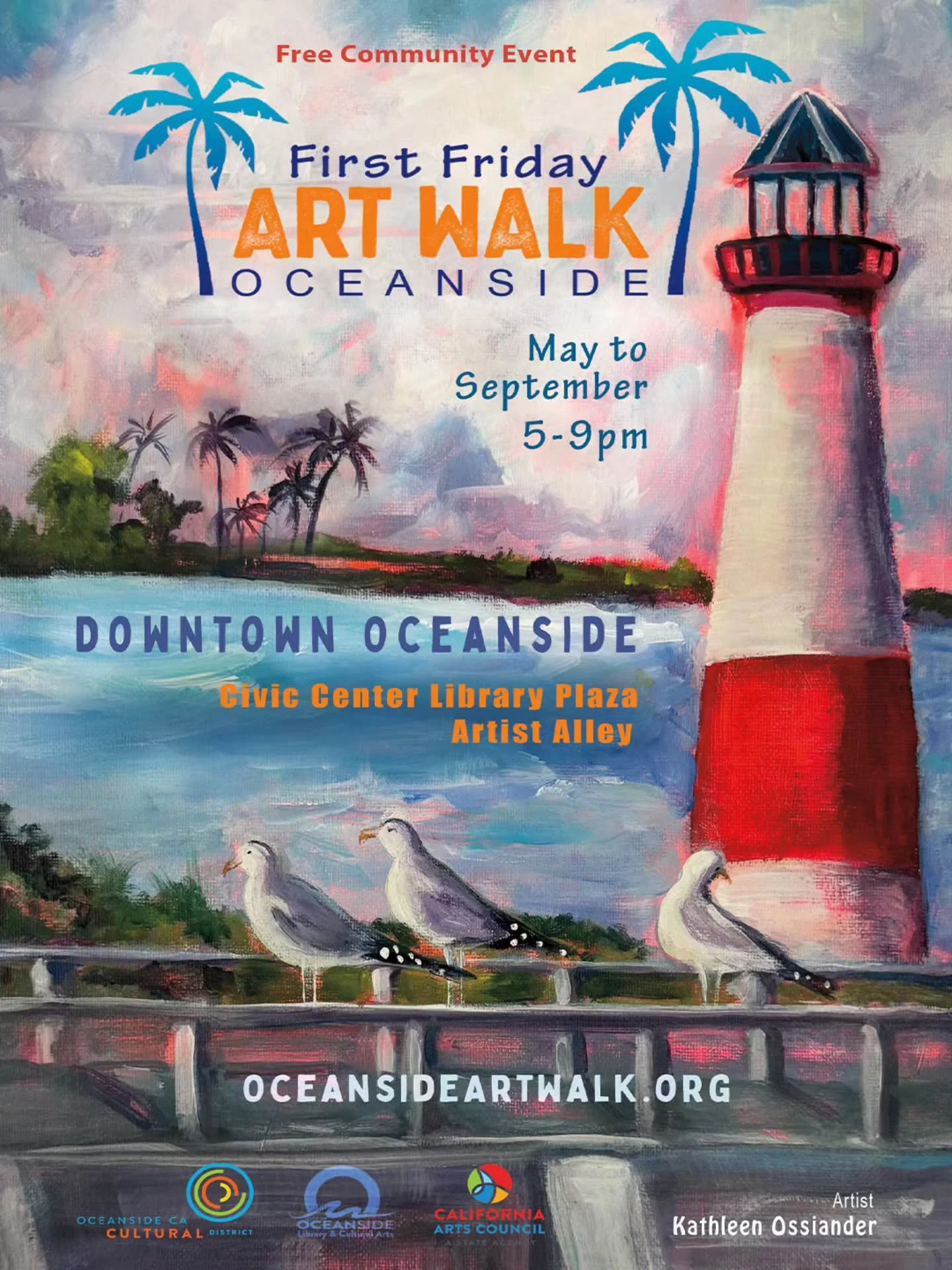 First Friday Art Walk Oceanside &ndash; Season Opening

The First Friday Art Walk Oceanside returns on May 1st from 5:00 to 8:00 PM, launching its 13th season in downtown Oceanside. 

This thoughtfully curated event brings together over 60 local arti