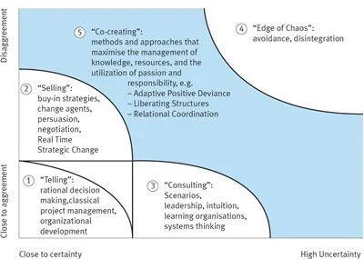 ZImmerman Stacey matrix: y-axis= agreement on the problem, x- axis = certainty about the solution. The blue zone is complexity.