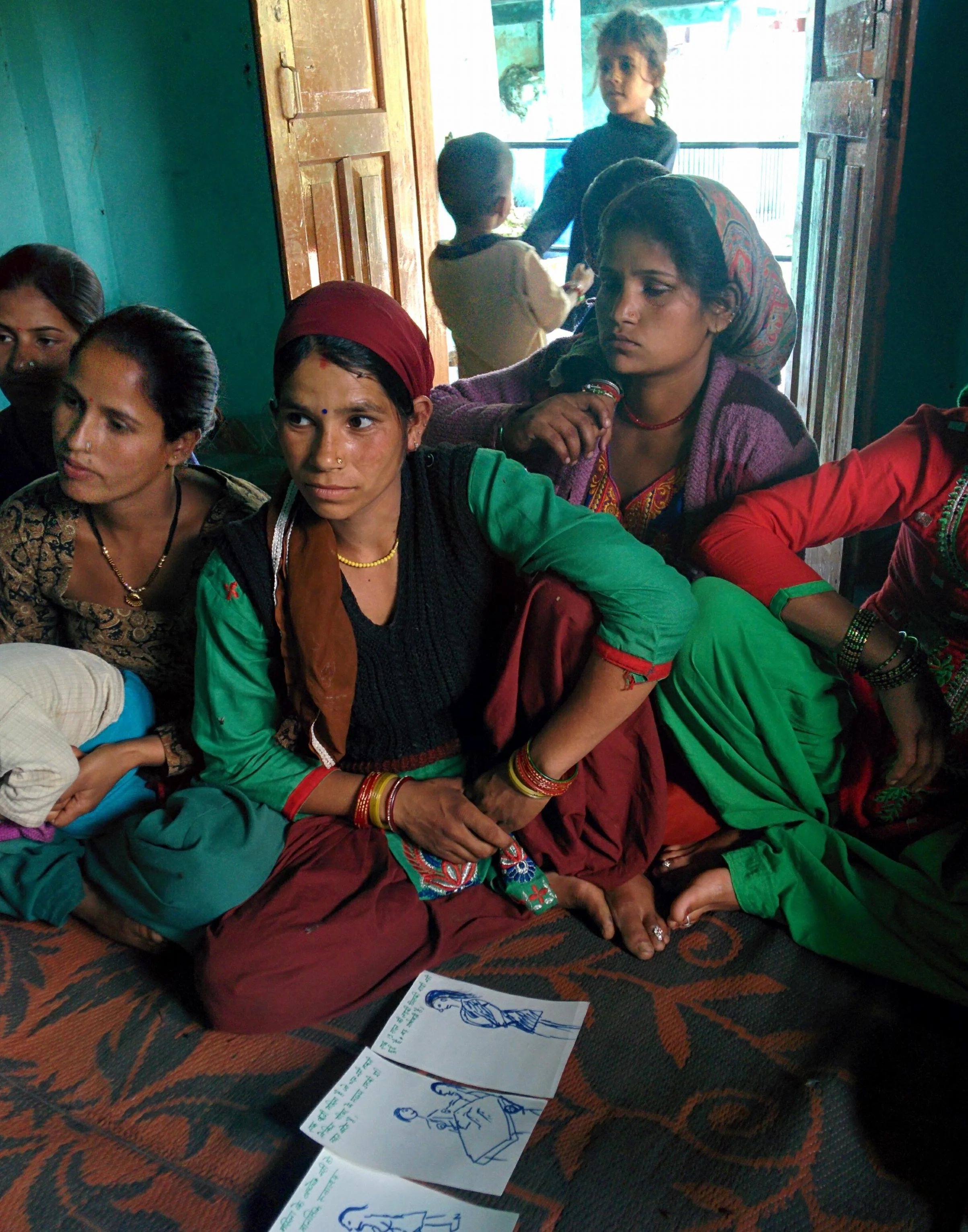 Women in a village high above the Yamuna river do a risk ranking exercise with cards we made