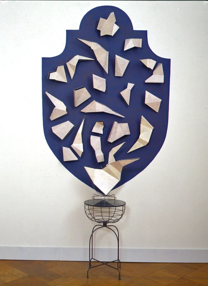 Ghost Books, 1992: books, oil paint, ink, glass, steel, 10 feet x 6 feet x 20 inches