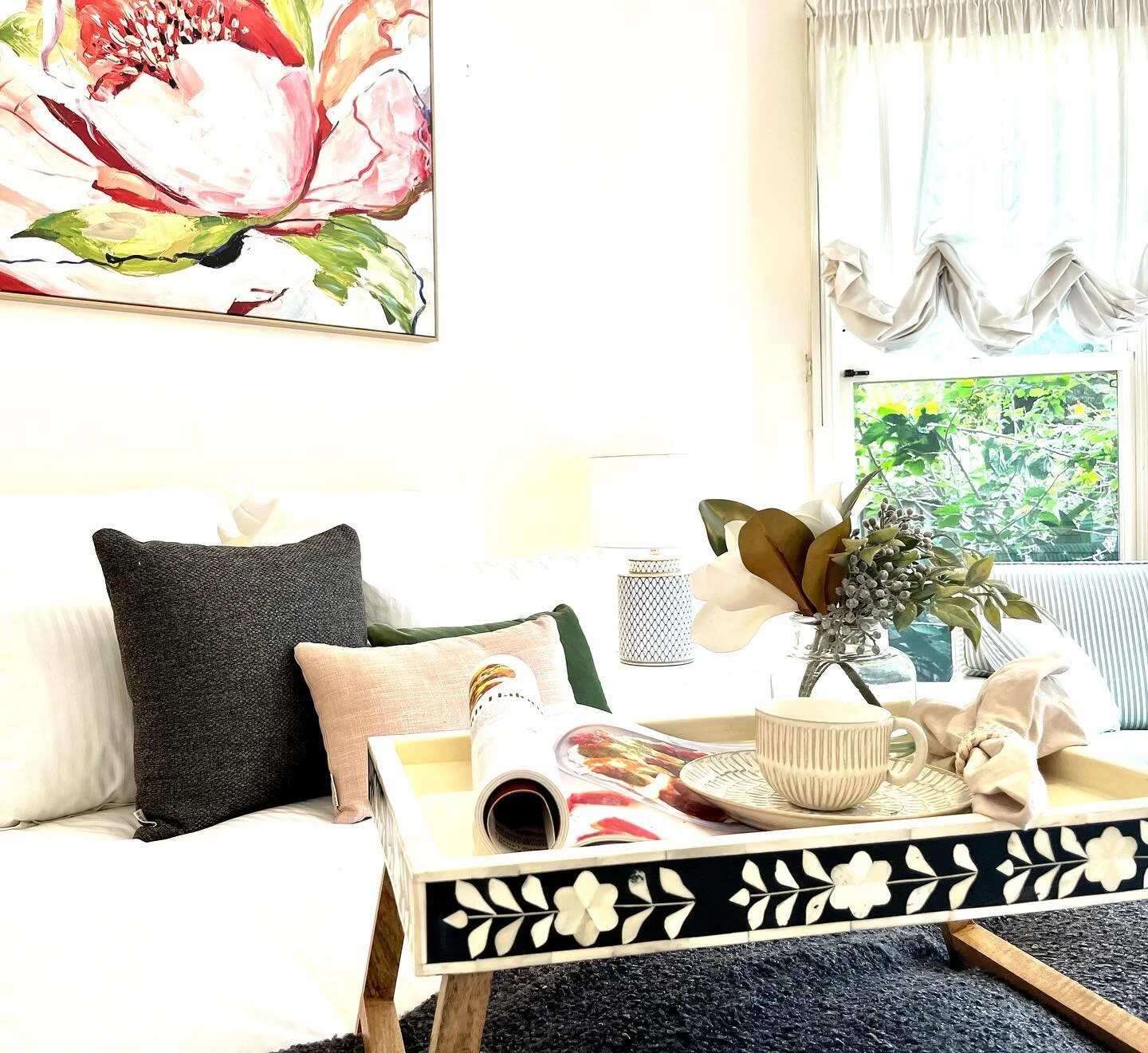 Our signature breakfast tray. We think it adds the perfect touch especially to this beautiful property we partially styled in Black Rock. Owners bedside tables and white linen&hellip; we added the pop of colour, art and of course our breakfast tray ?