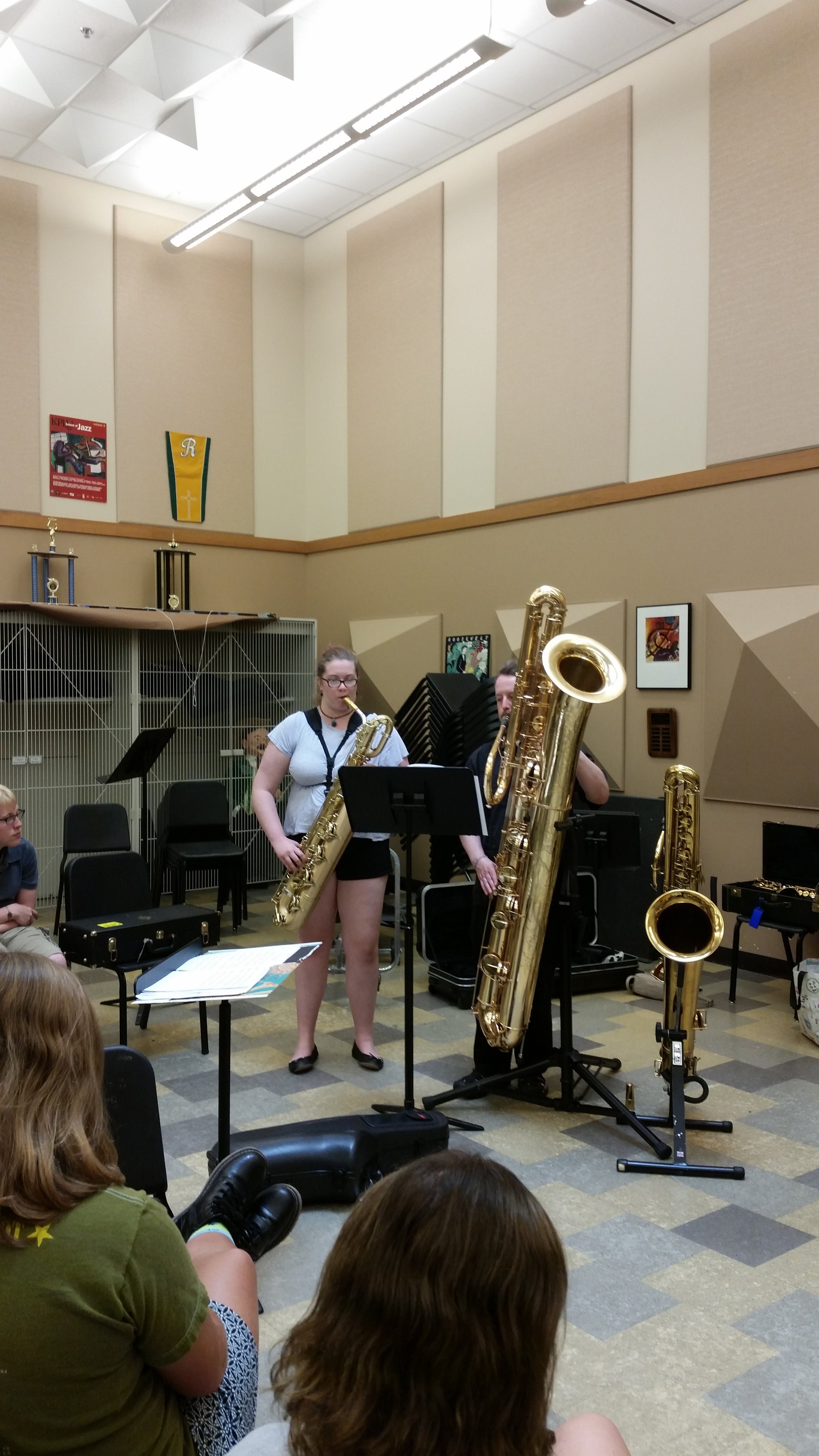  Annie Saltee, a bari saxophonist camp attendee, plays a duet with guest artist Dr. Jay Easton on the contra-bass saxophone. 