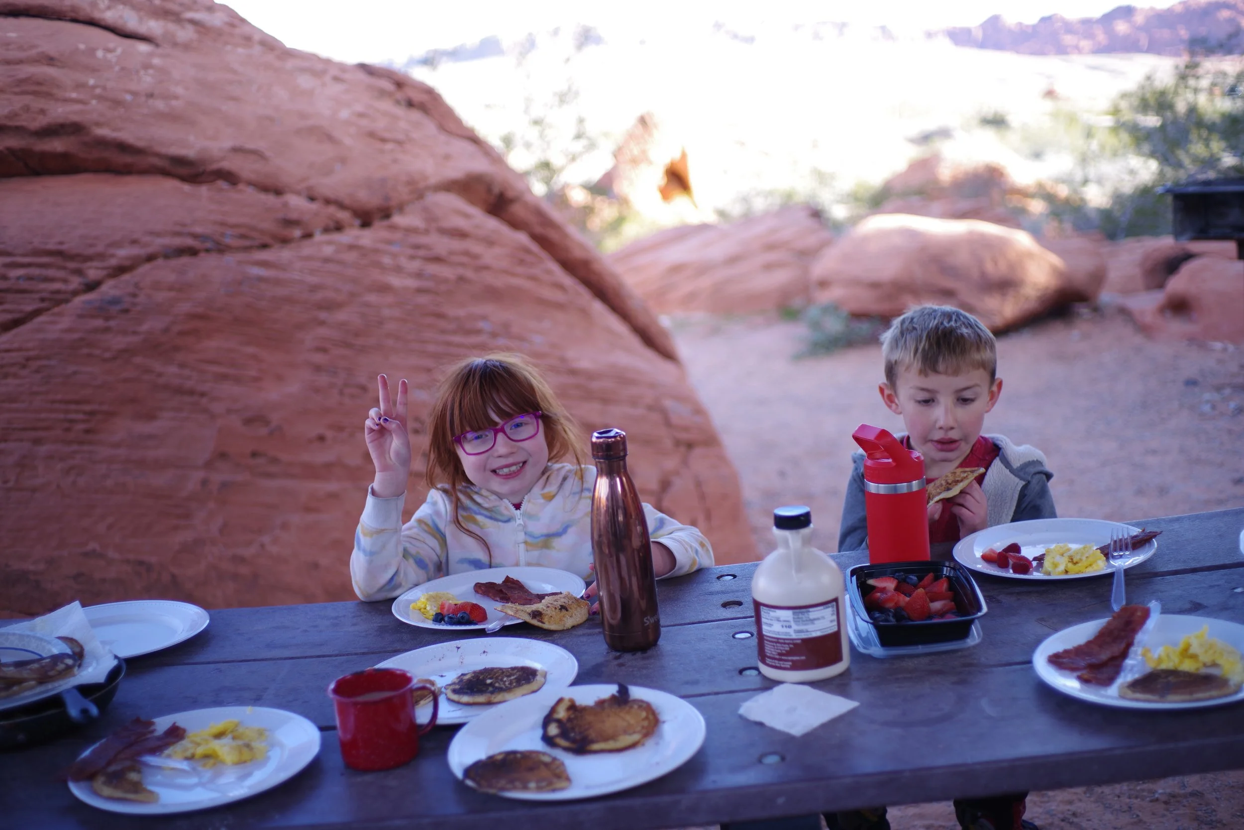 Enjoying camping breakfast