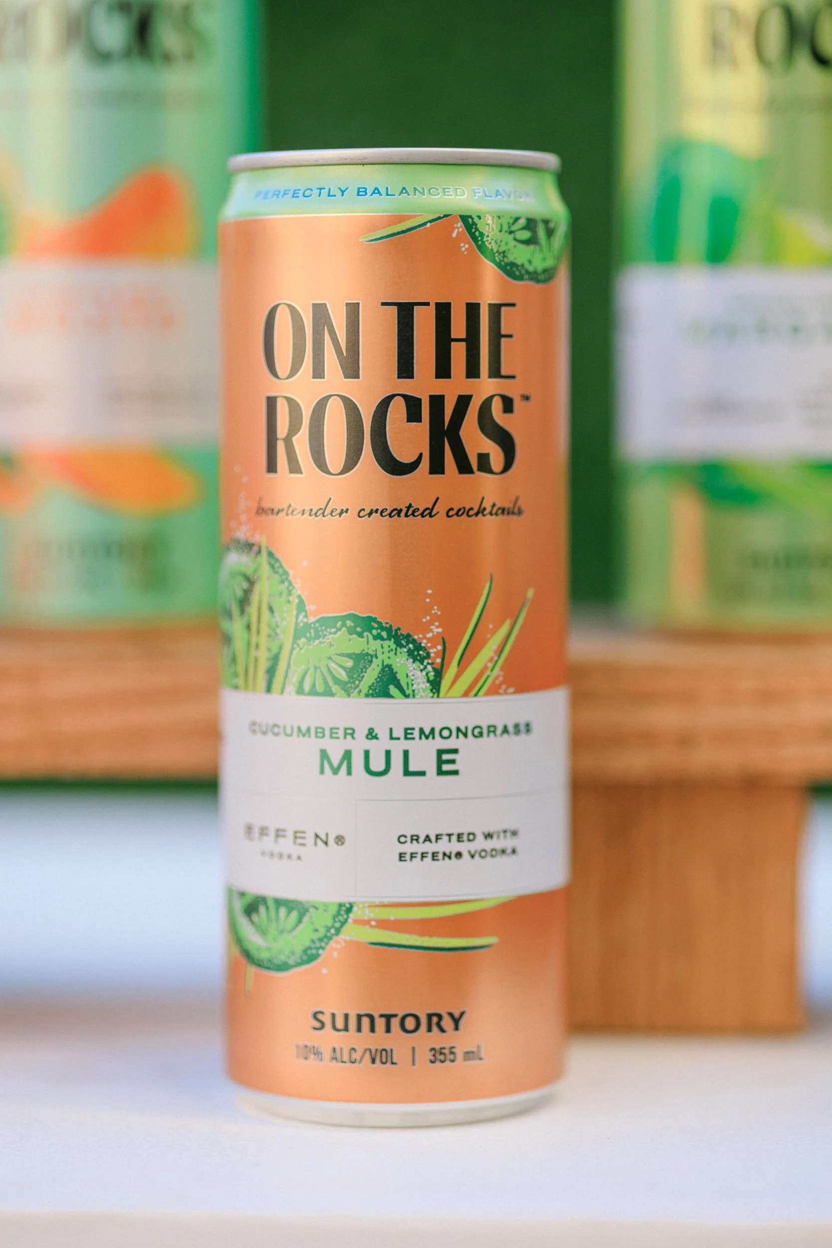 Canned cocktail called 'On the Rocks' with cucumber and lemongrass flavor, crafted with Effene vodka, by Suntory, 355 mL, 10% alcohol by volume.