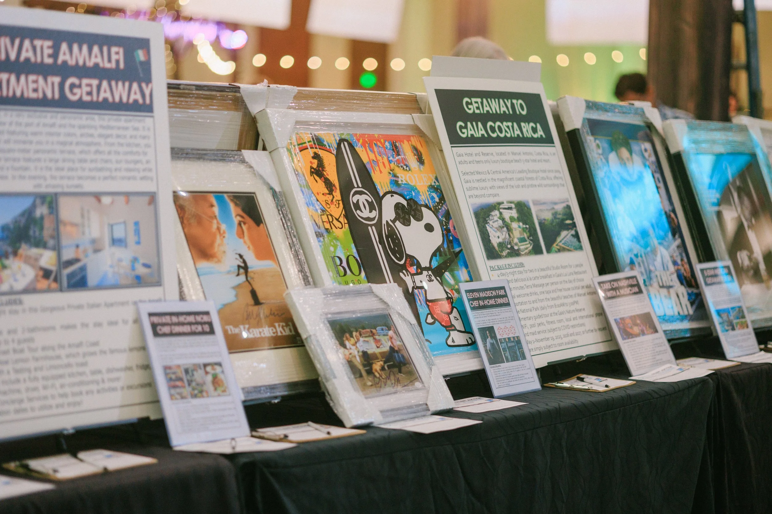 Display table with travel brochures and posters for vacation destinations, including Costa Rica and the Amalfi Coast, in an indoor setting.