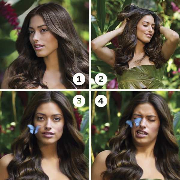 @herbalessences We’ve been getting a lot of requests on how to get that butterfly blowout look from the new Wild Naturals ad. So for all you hairy honeys out there, here’s the lowdown: 1) Stand in your own secluded patch of tropical paradise. 2) Revel in the splendor of your Cassia-kissed tresses. Then whip them around seductively for your own gratification because you’re an empowered woman who wears a leaf as a bra. 3) Look directly into camera and try to ignore the tiny, sticky butterfly legs that are rather inconveniently affixing themselves to your right cheek. 4) Scrunch up your face in the least attractive manner you can muster. Try to hold that position for as long as humanly possible, ’cause you look totally hot.