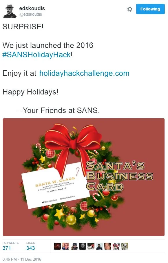 @EdSkoudis announces early release of Holiday Hack Challenge