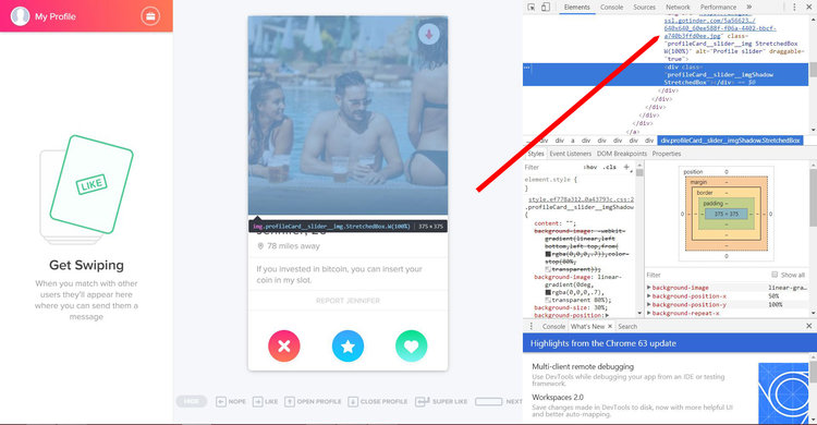 Visualização Dev Tools da página do Tinder no Chrome