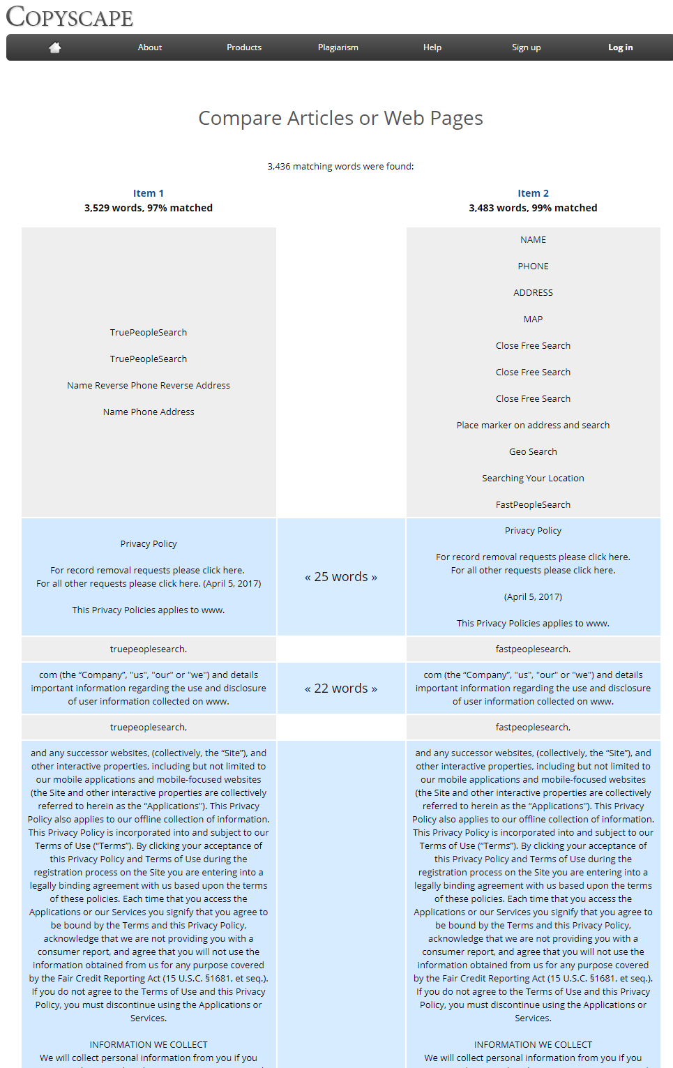 Snapshot of comparison checker at Copyscape.com