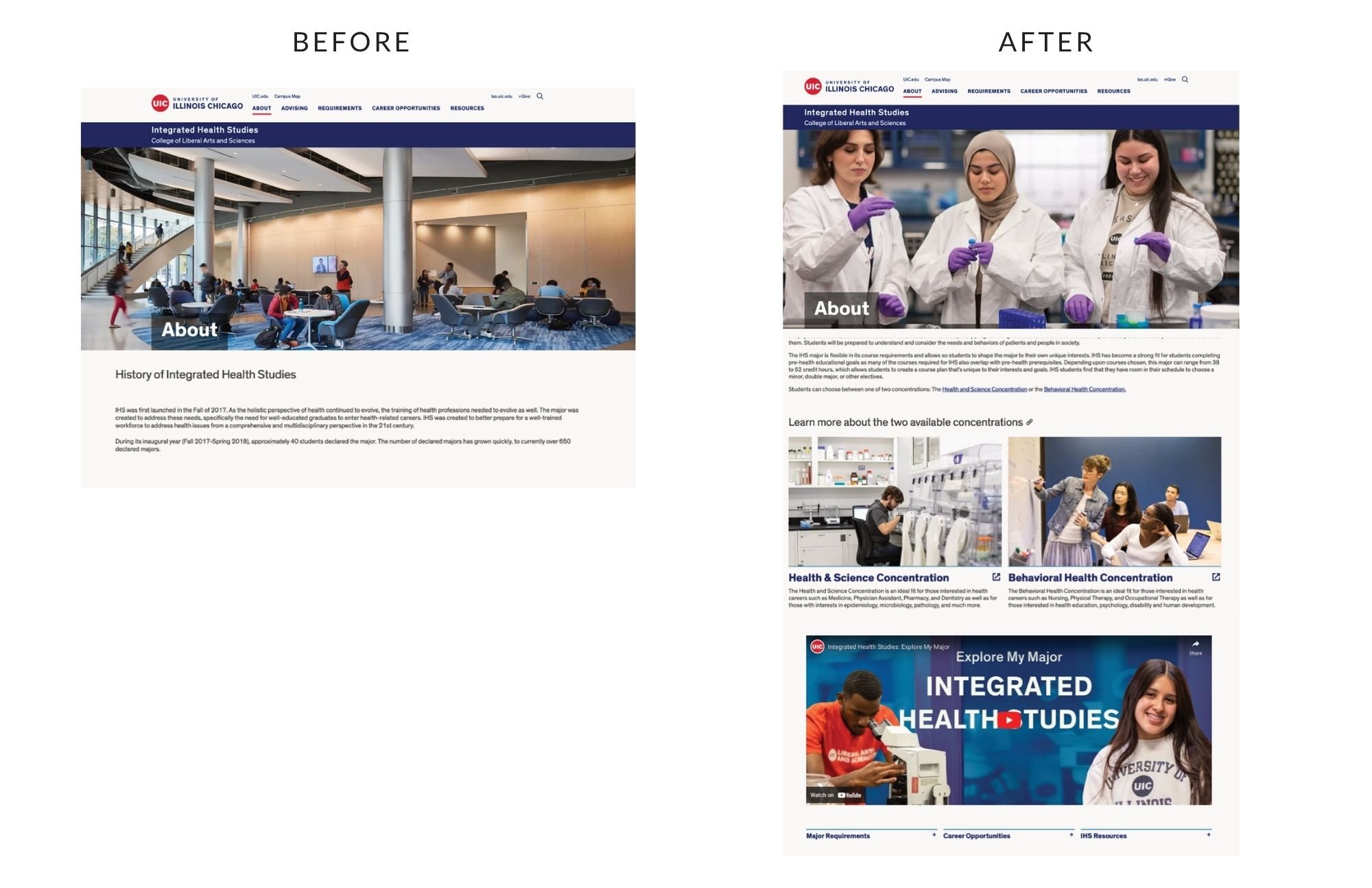  Before and after of the Integrated Health Studies website 