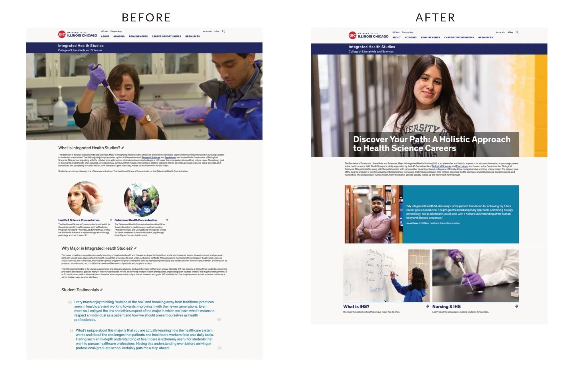  Before and after of the Integrated Health Studies website 