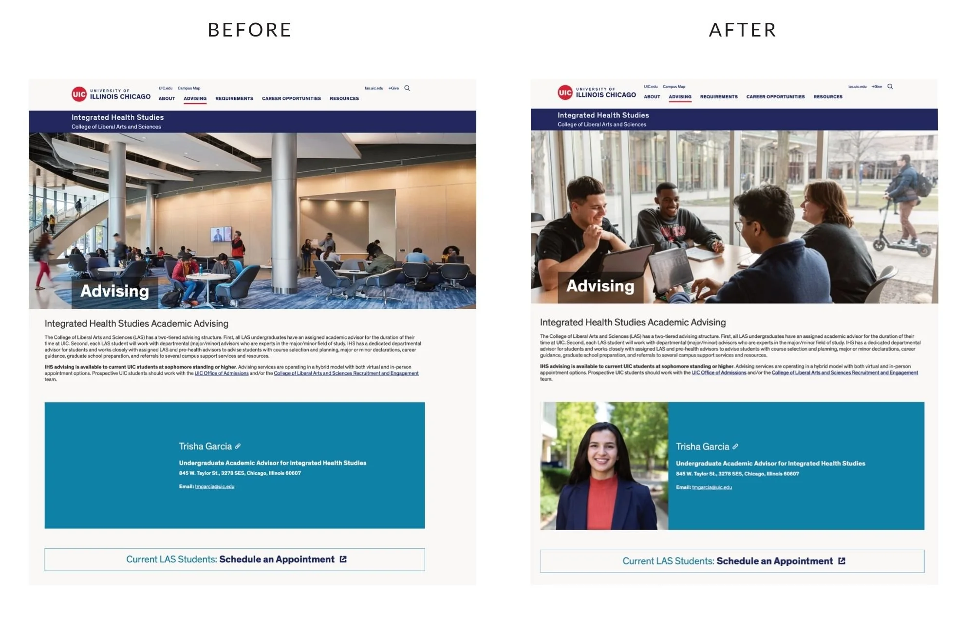  Before and after of the Integrated Health Studies website 
